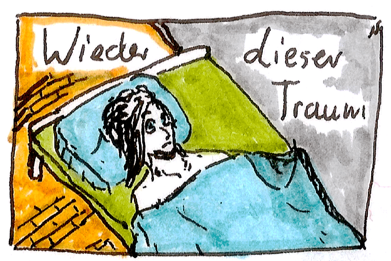 Vorne langhaariger, hinten kurzhaariger junger Mann liegt im Bett. Text: Wieder dieser Traum.