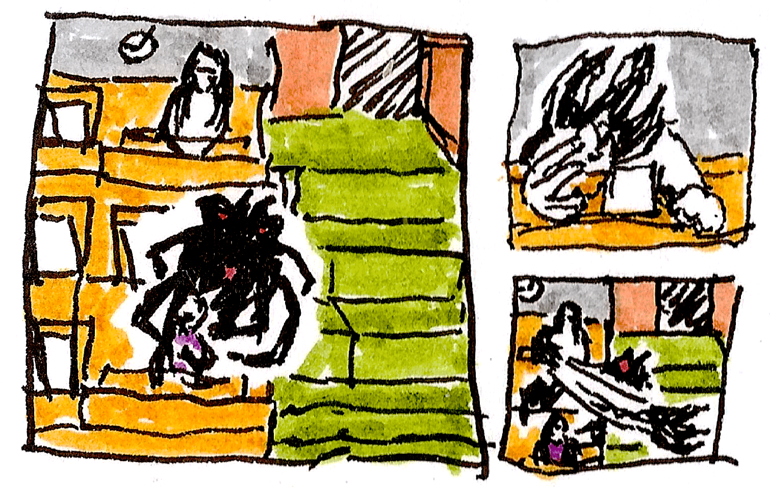 Die lila Frau sitzt weiter unten, das Wesen über ihr. Der junge Mann formt eine schwarze Kralle in der Luft und lässt sie das schwarze Wesen zerreißen.