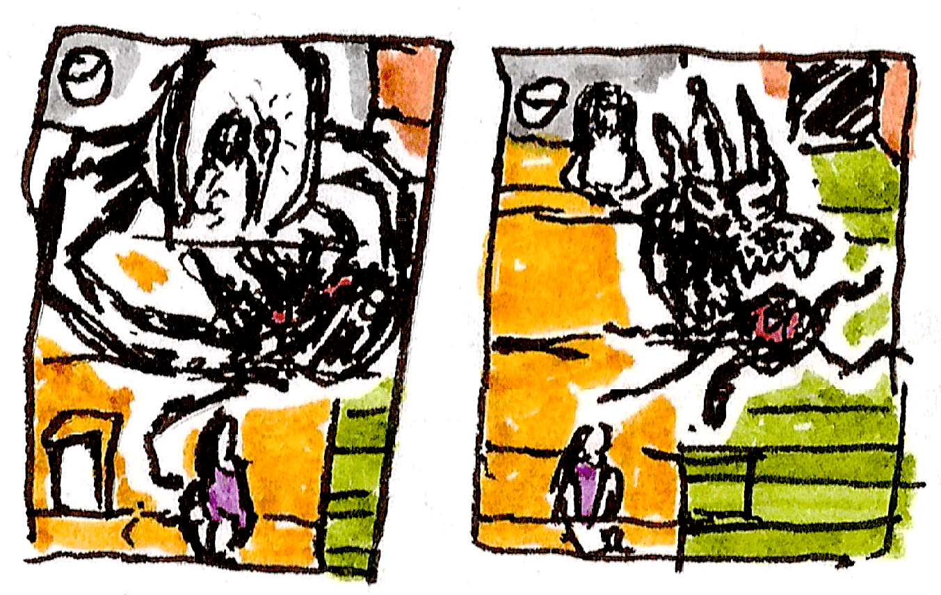 Kampf mit dem schwarzen Wesen. Schwarzer Schild und Drachenkopf.