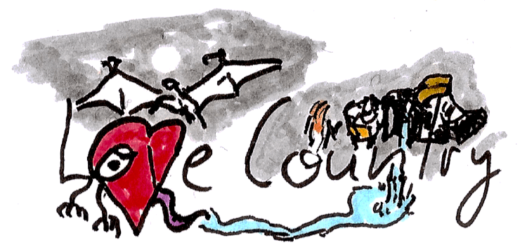 Tuscheskizze: Links ein Herz mit Zunge und Klauen aus dem Wort Love, darüber ein fliegendes Wesen vor dem Mond, rechts das Wort Country aus dem ein Fluss fließt, darüber Personen und ein Auto.